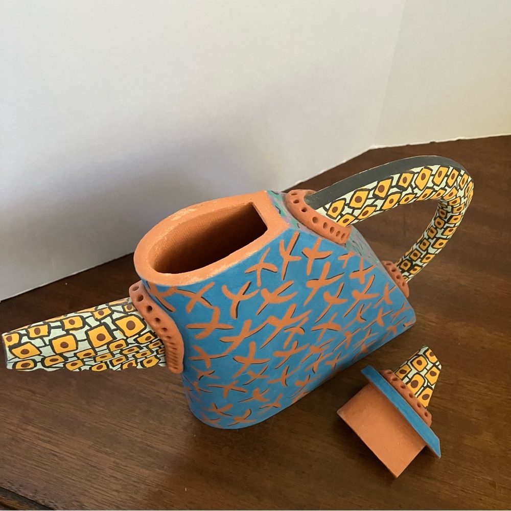 Artistic Teapot with Blue and Gold Design Crafted from Clay - Picture 4 of 7